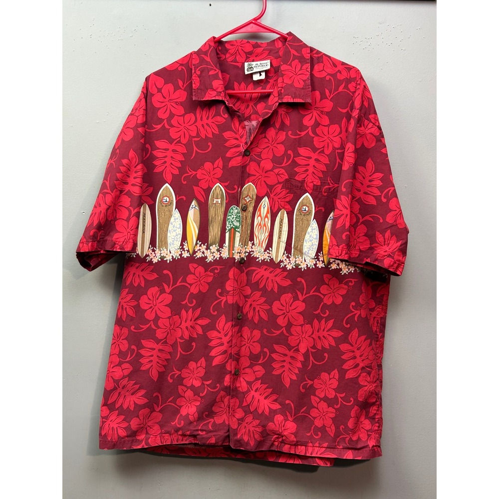 Aloha Republic Hawaiian Shirt XL‎ Red Floral Surfboard Print USA Made Mens